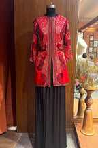 Red Raw Silk Embellished Sequin Beaded Top Palazzo Set