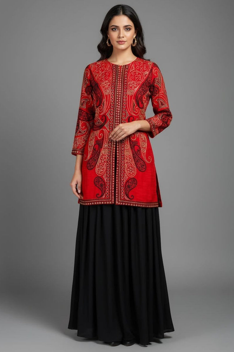 Red Raw Silk Embellished Sequin Beaded Top Palazzo Set