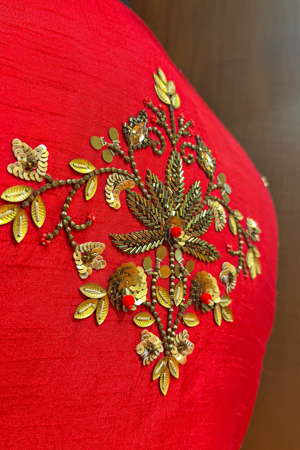 Red Satin Silk Dress with Embellished Jacket