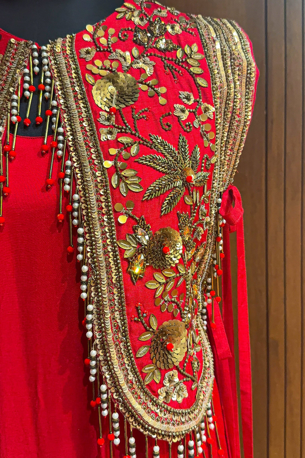 Red Satin Silk Dress with Embellished Jacket