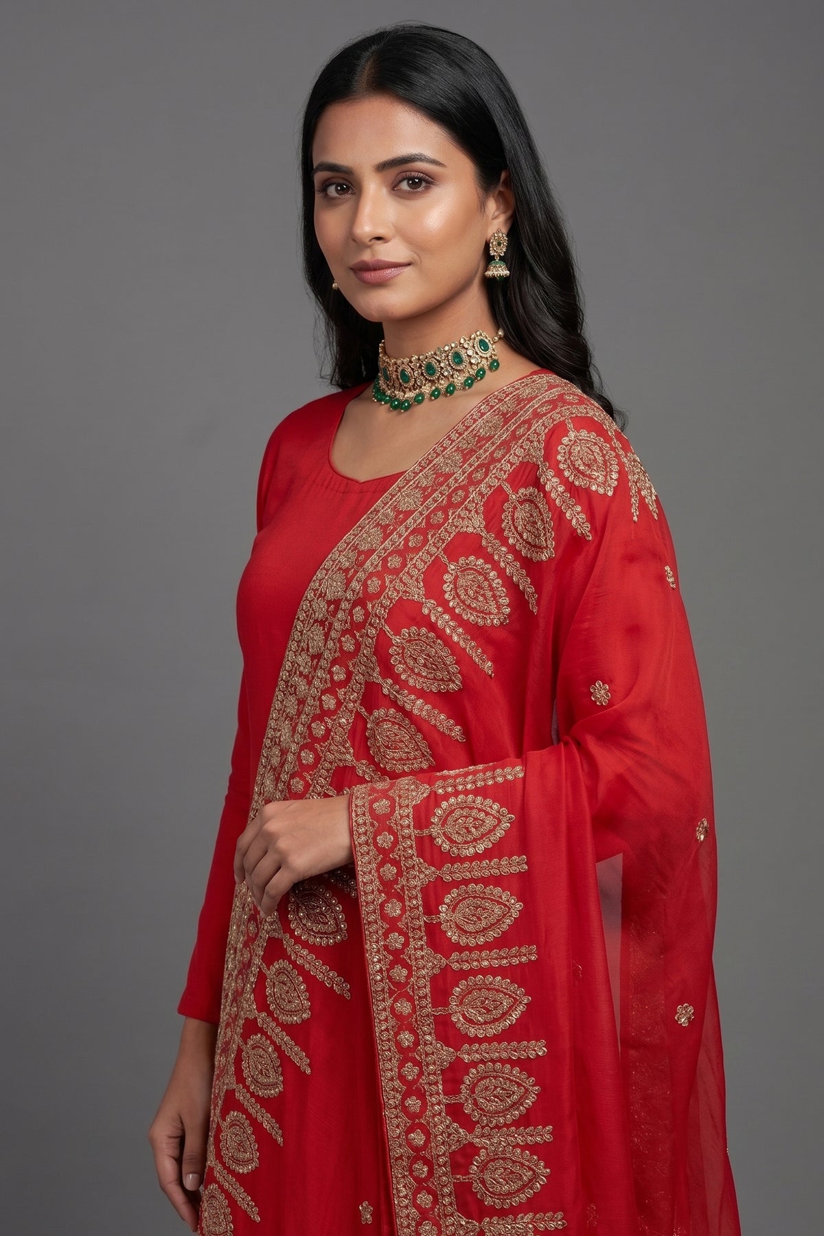 Red Silk Palazzo Suit with Gota Work Cape