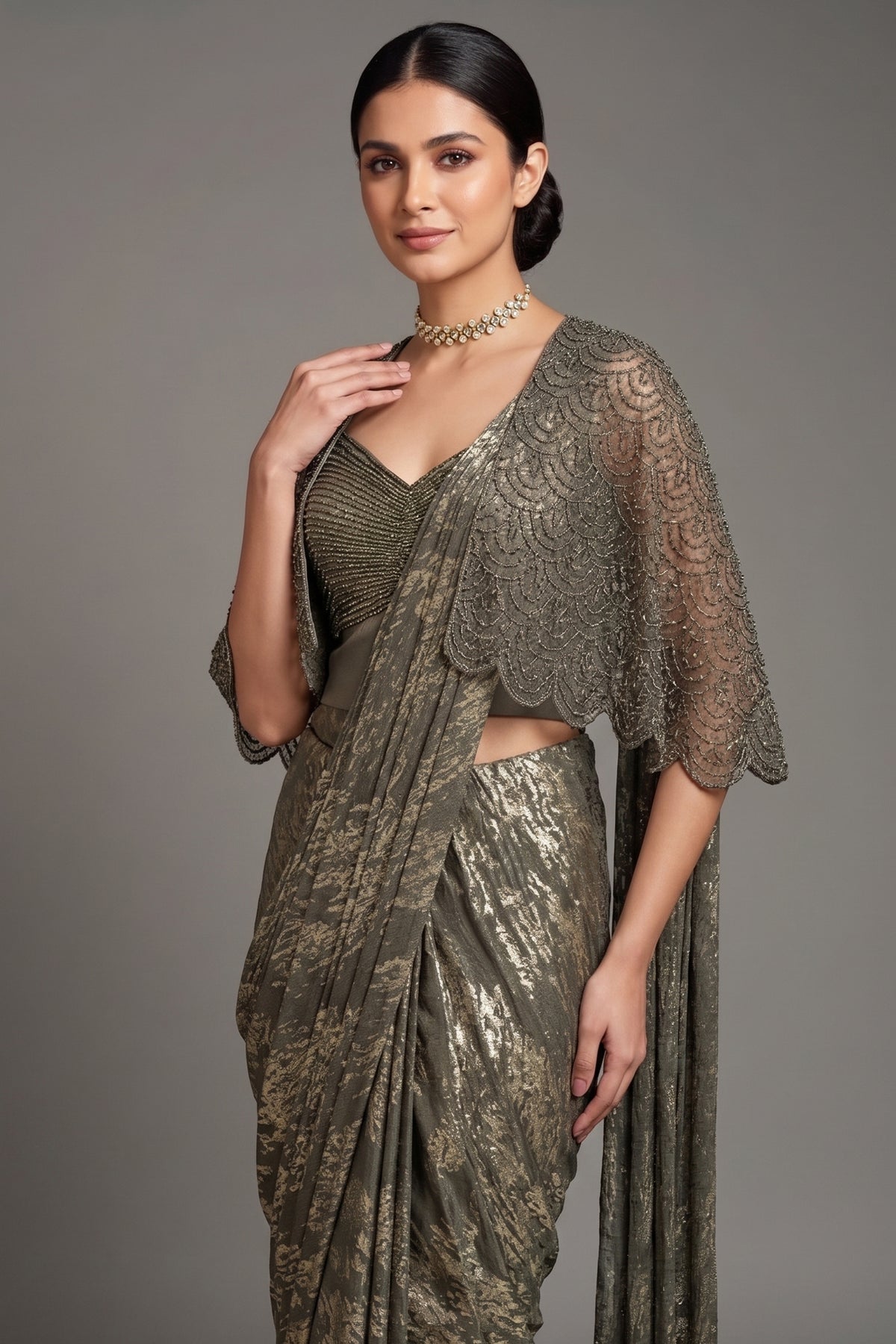 Sage Green Sequin and Beaded Pre Draped Dress with Jacket
