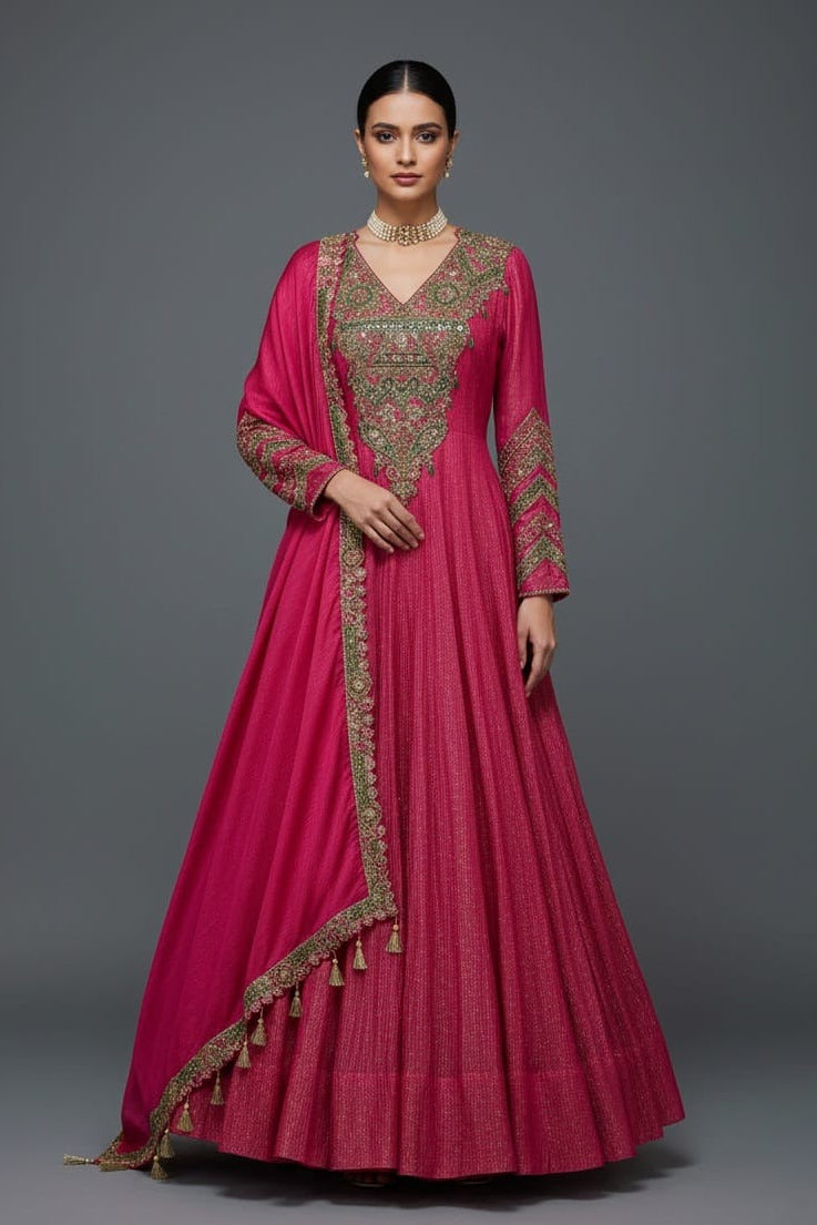 Pink Tissue Crush Handworked Anrakali Suit with Dupatta