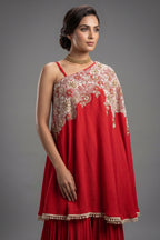 Red Satin Silk Beaded and Sequin Embroidered One Shoulder Palazzo Suit