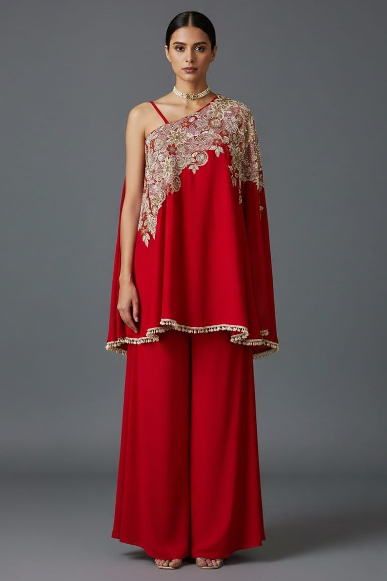 Red Satin Silk Beaded and Sequin Embroidered One Shoulder Palazzo Suit