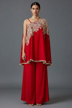 Red Satin Silk Beaded and Sequin Embroidered One Shoulder Palazzo Suit