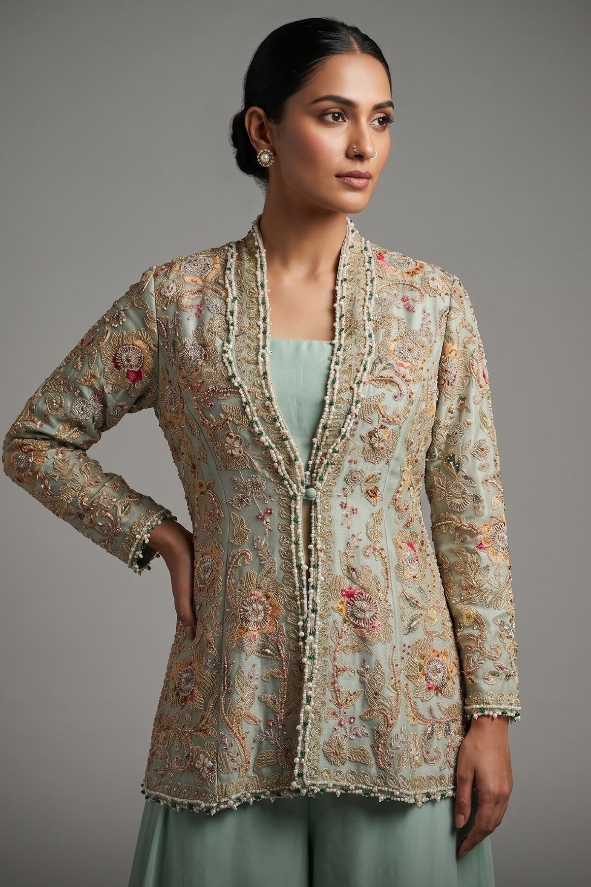 Mint Green Silk Handworked Indo Western Set