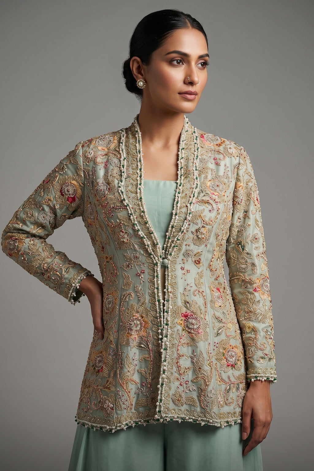 Mint Green Silk Handworked Indo Western Set