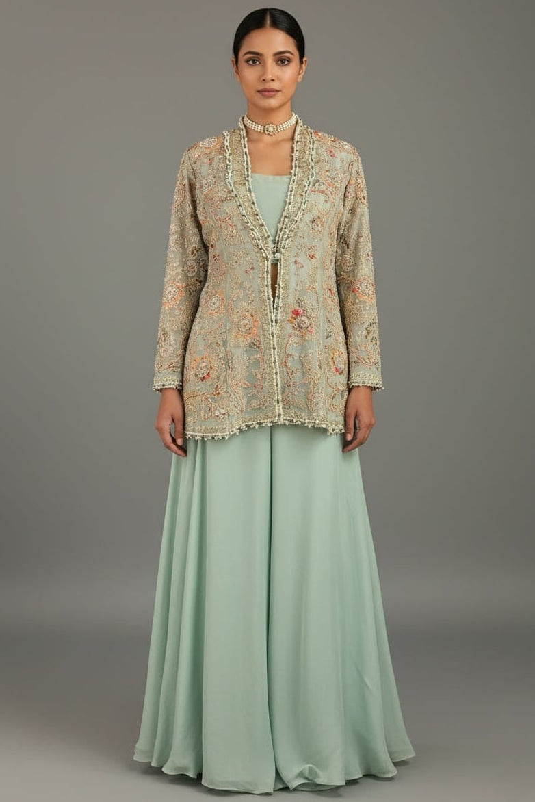 Mint Green Silk Handworked Indo Western Set