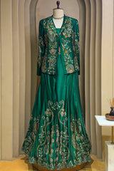 Green Satin Sequin Cutdana Worked Indo Western Set