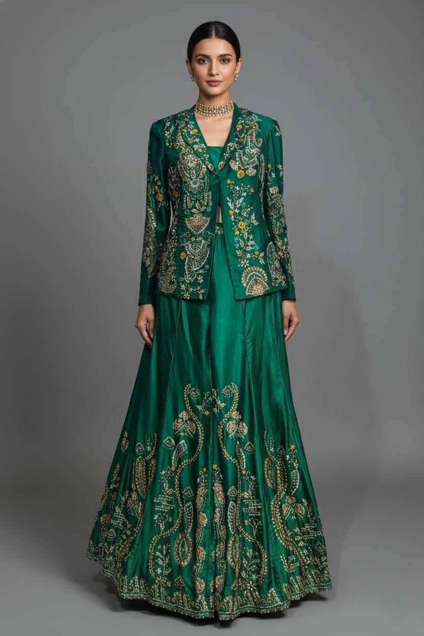 Green Satin Sequin Cutdana Worked Indo Western Set