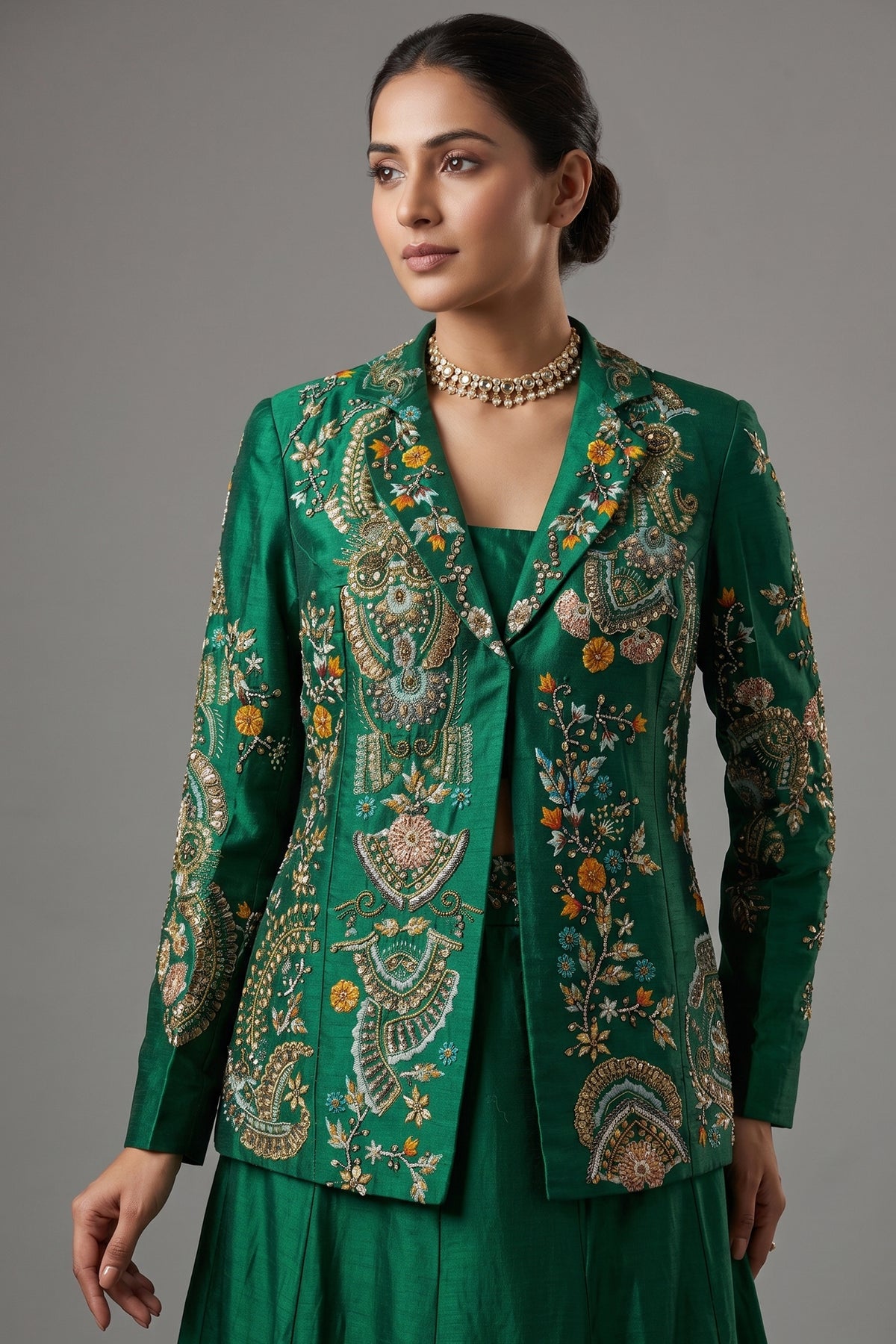 Green Satin Sequin Cutdana Worked Indo Western Set