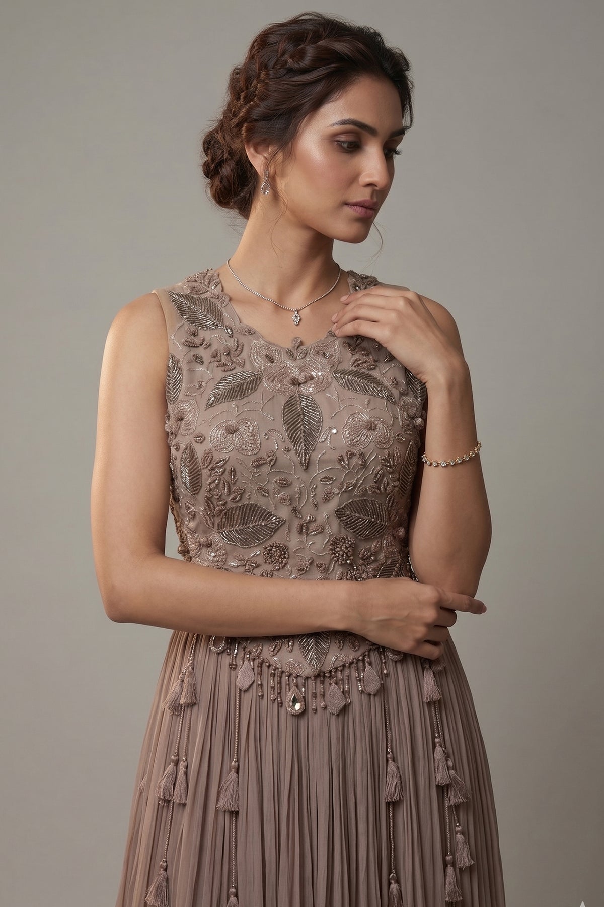 Dusty Mauve Silk Embroidered Beaded Crop Top Palazzo Set