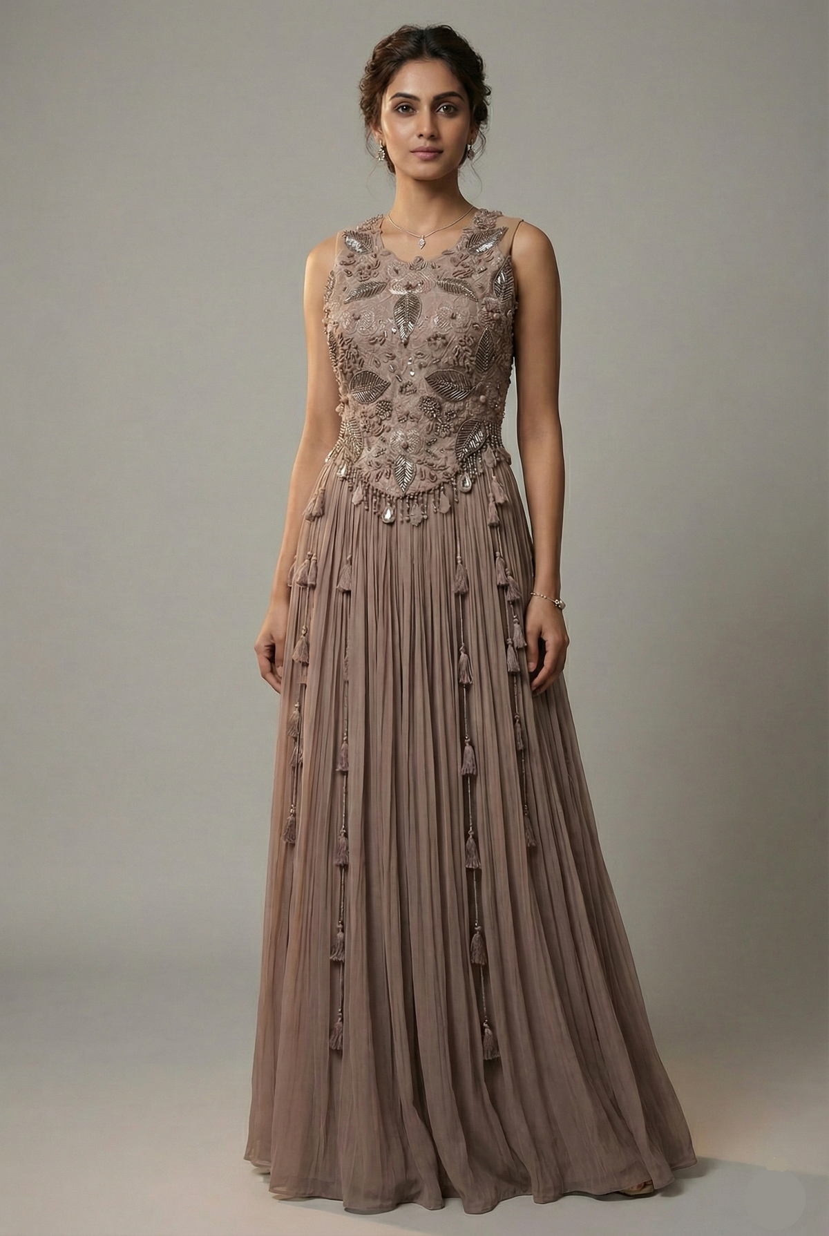 Dusty Mauve Silk Embroidered Beaded Crop Top Palazzo Set