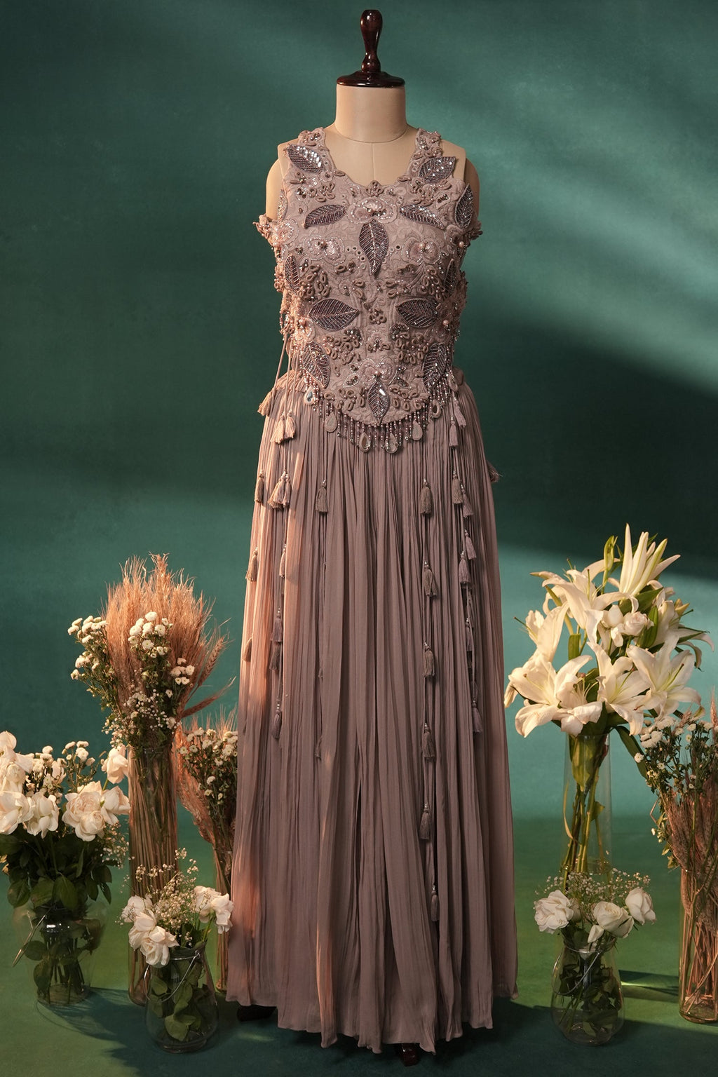 Dusty Mauve Silk Embroidered Beaded Crop Top Palazzo Set