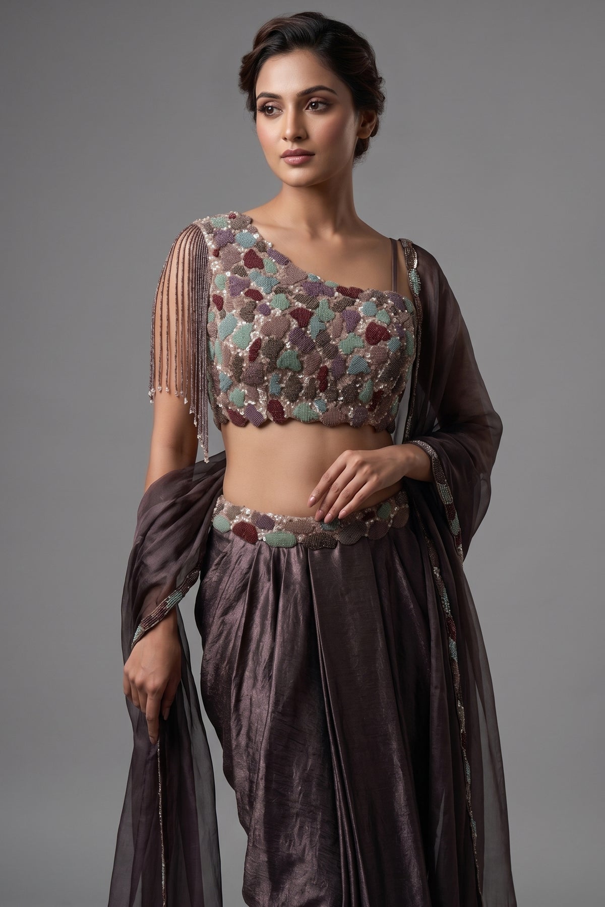 Dusky Purple Organza One Shoulder Crop Top Dhoti Skirt Set with Beaded Fringe Detailing