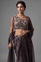 Dusky Purple Organza One Shoulder Crop Top Dhoti Skirt Set with Beaded Fringe Detailing
