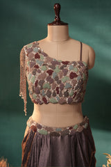 Dusky Purple Organza One Shoulder Crop Top Dhoti Skirt Set with Beaded Fringe Detailing