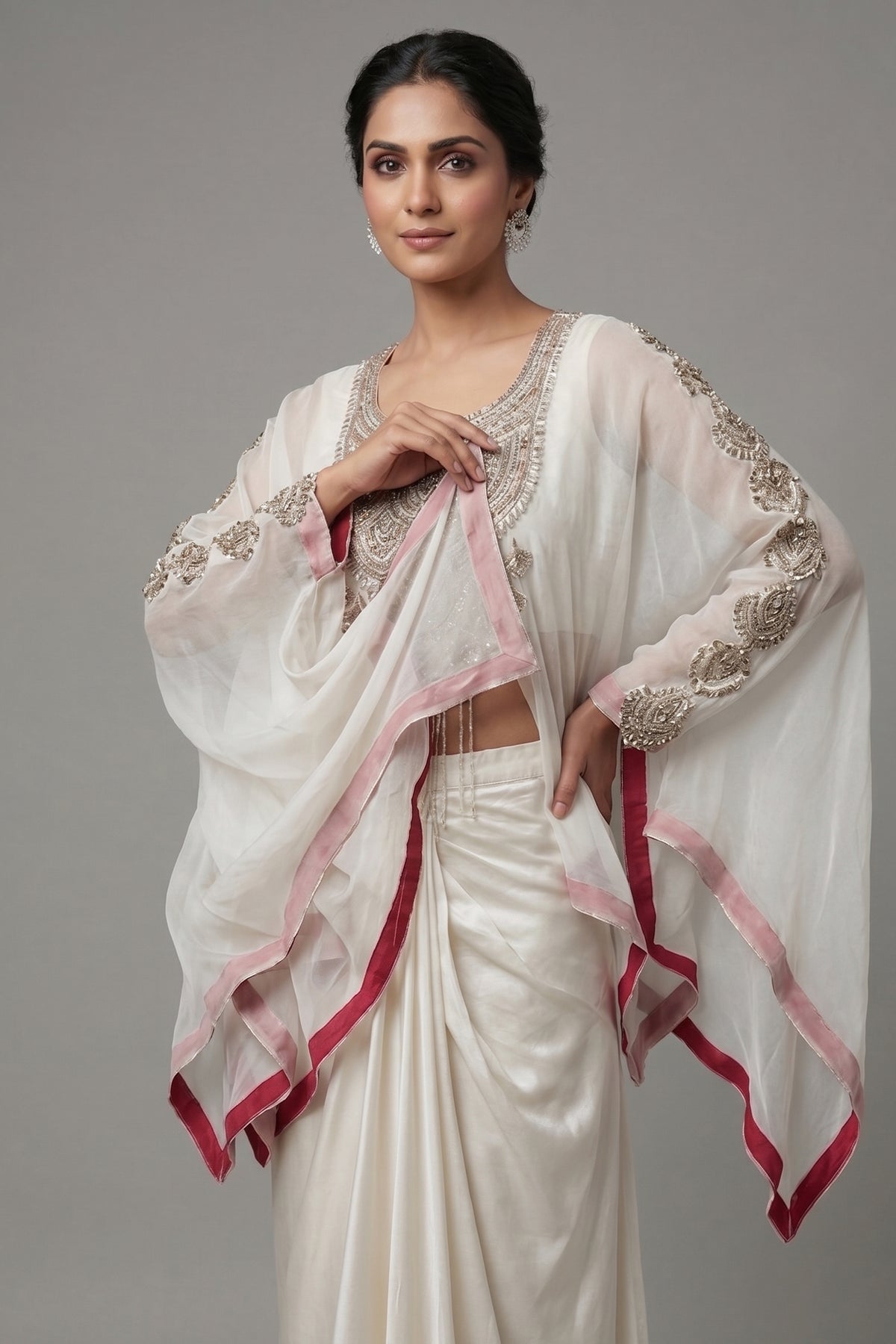 Off White Georgette Organza Asymmetric Sequinned Top and Dhoti Skirt Set