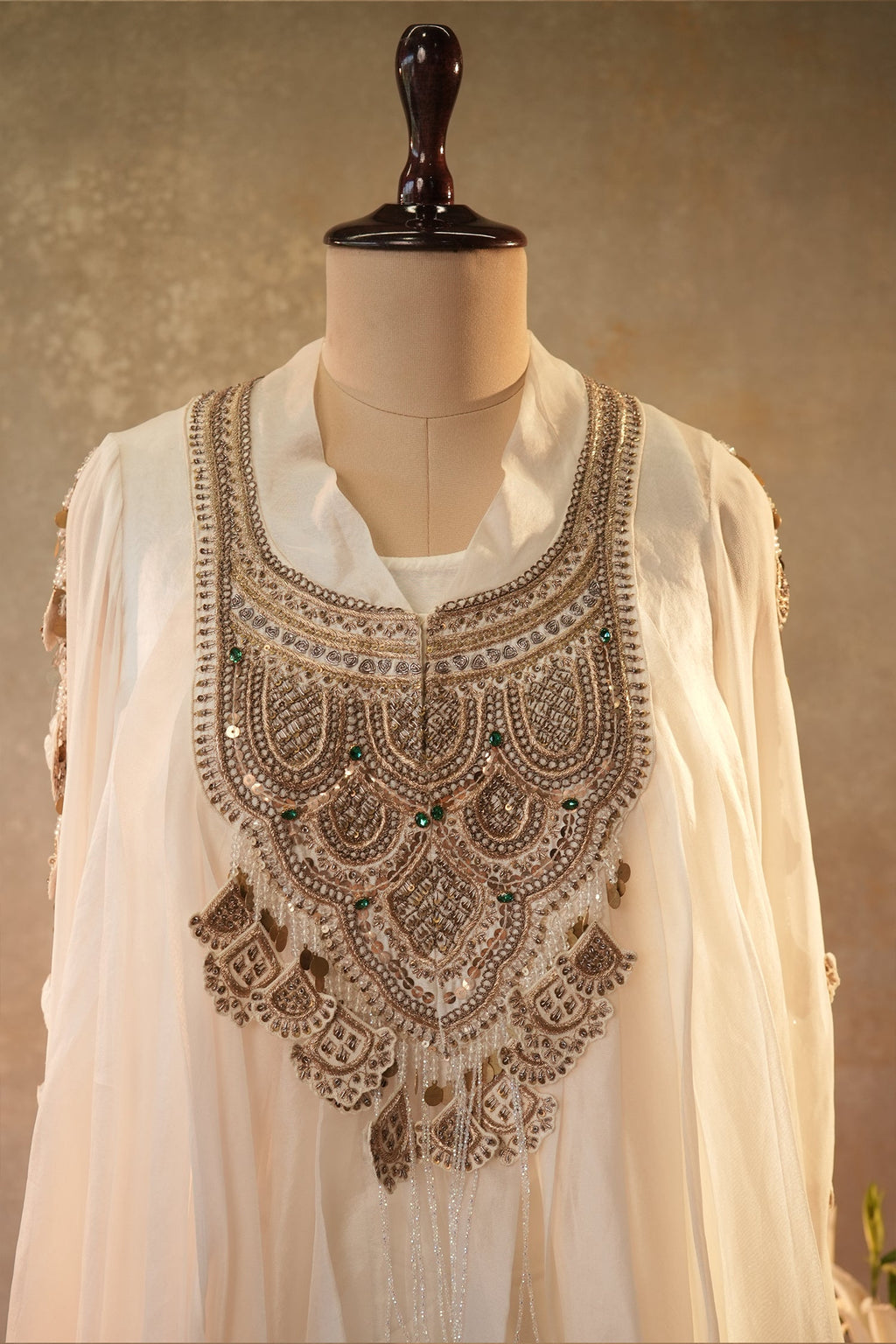 Off White Georgette Organza Asymmetric Sequinned Top and Dhoti Skirt Set