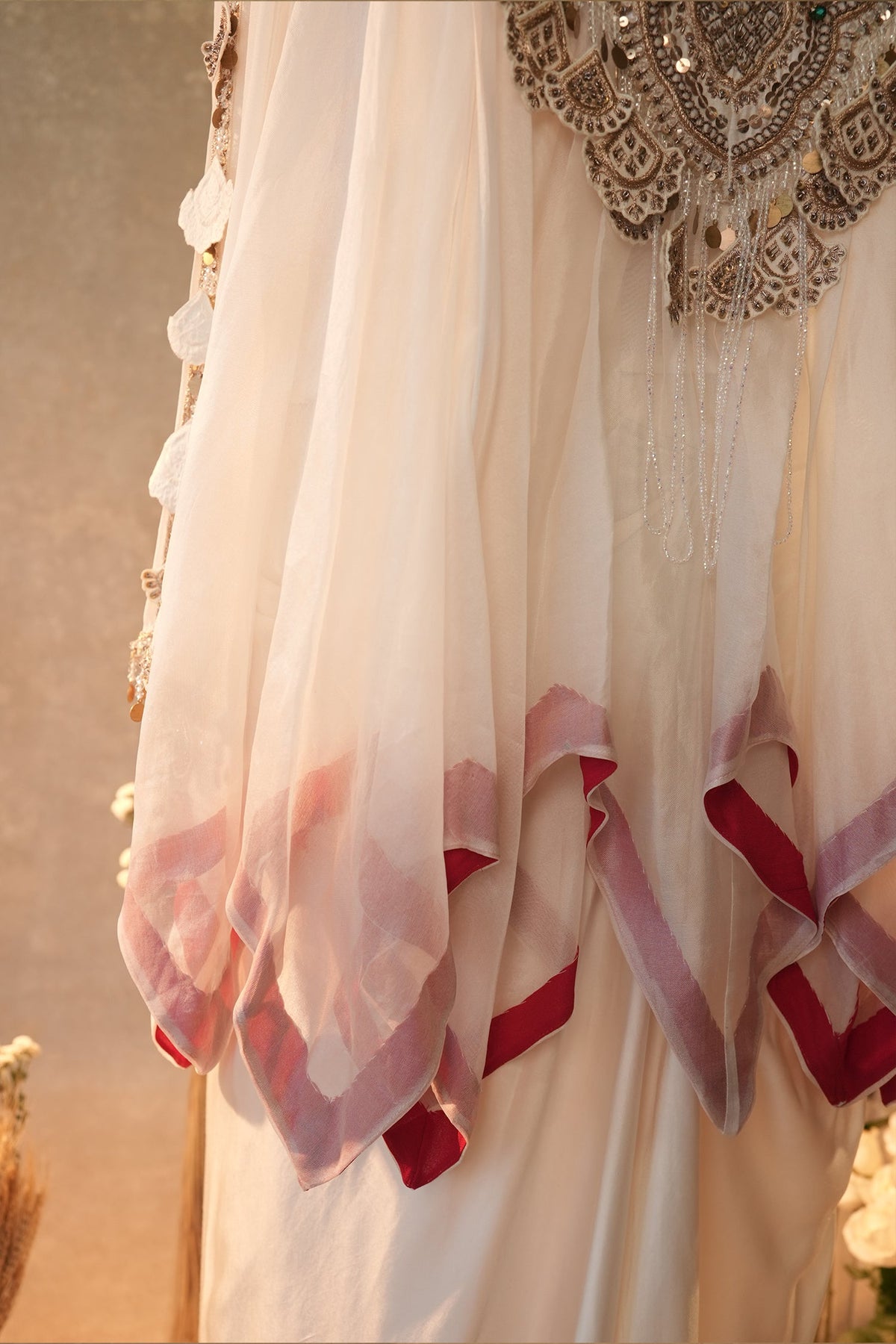 Off White Georgette Organza Asymmetric Sequinned Top and Dhoti Skirt Set