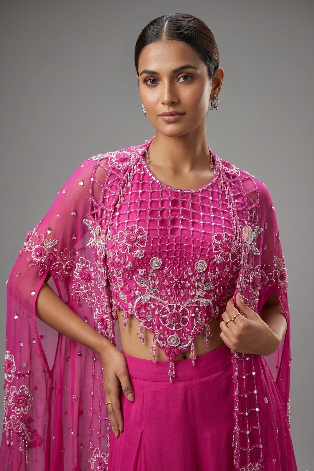 Pink Silk Cutwork Mirror Beaded Crop Top Palazzo Set with Jacket