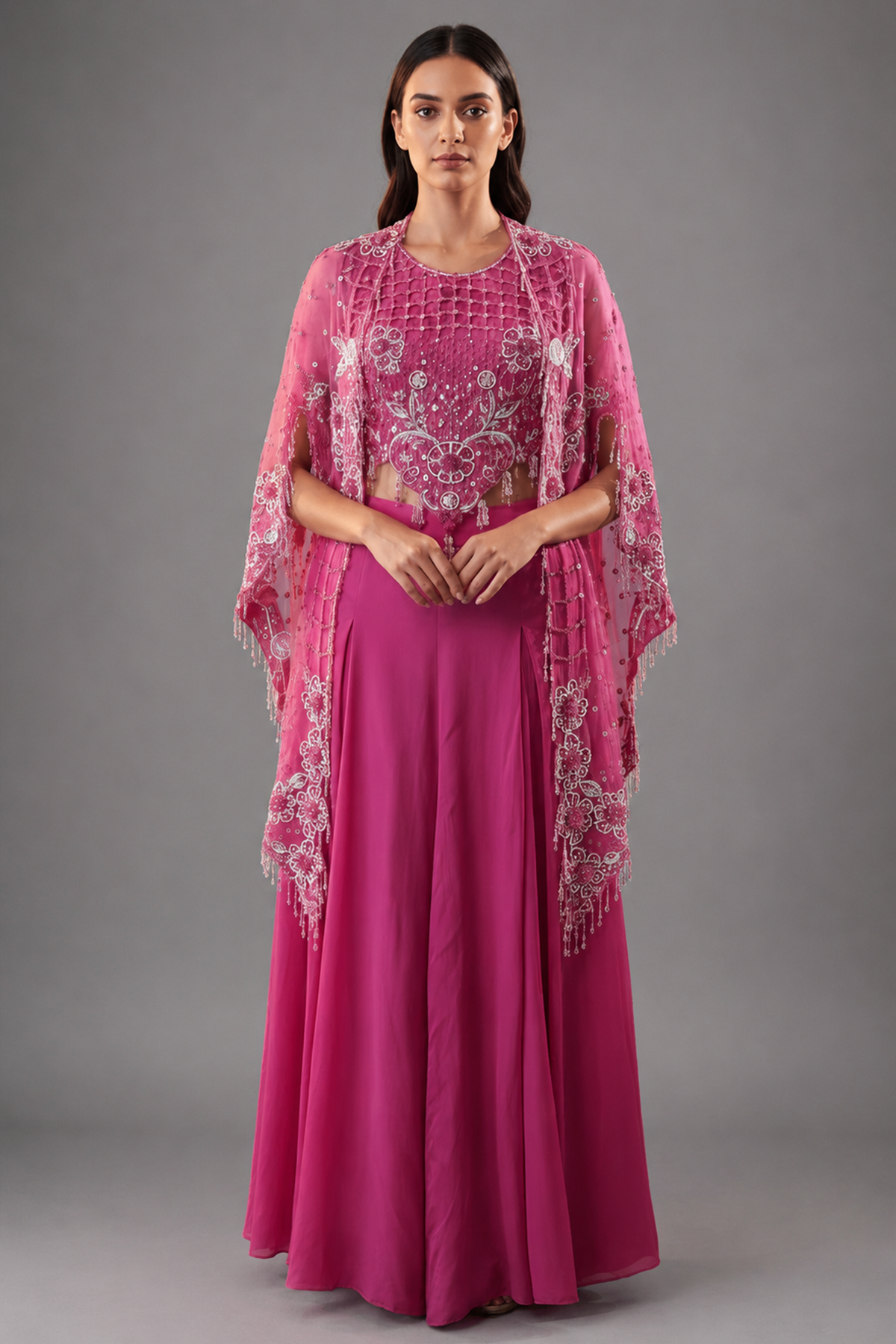 Pink Silk Cutwork Mirror Beaded Crop Top Palazzo Set with Jacket