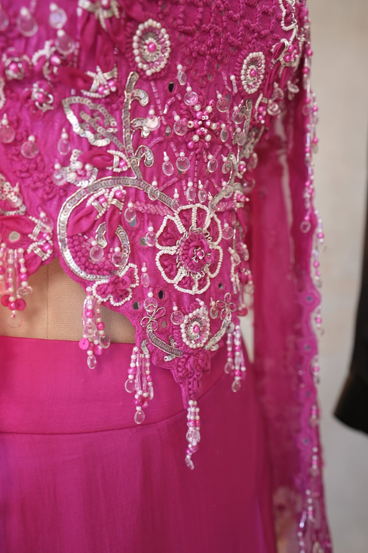 Pink Silk Cutwork Mirror Beaded Crop Top Palazzo Set with Jacket
