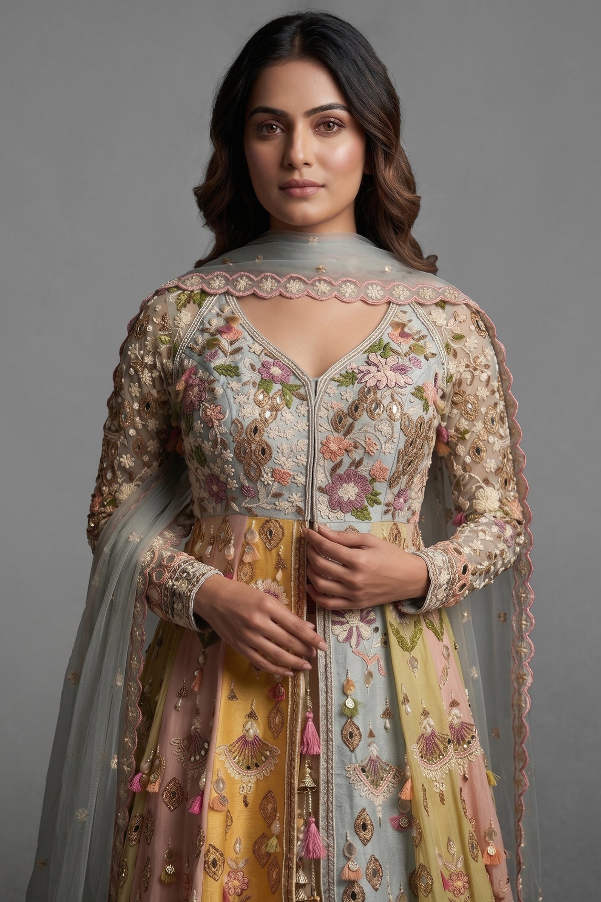 Mult Colored Organza Designer Handworked Slit Cut Lehenga Suit