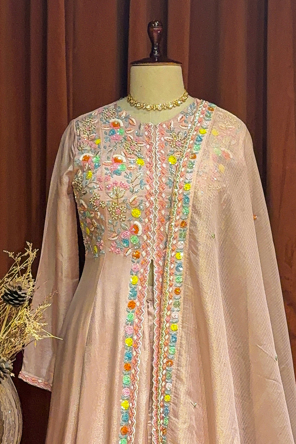 Light Pink Tissue Beaded and Sequin Worked Slit Cut Palazzo Suit