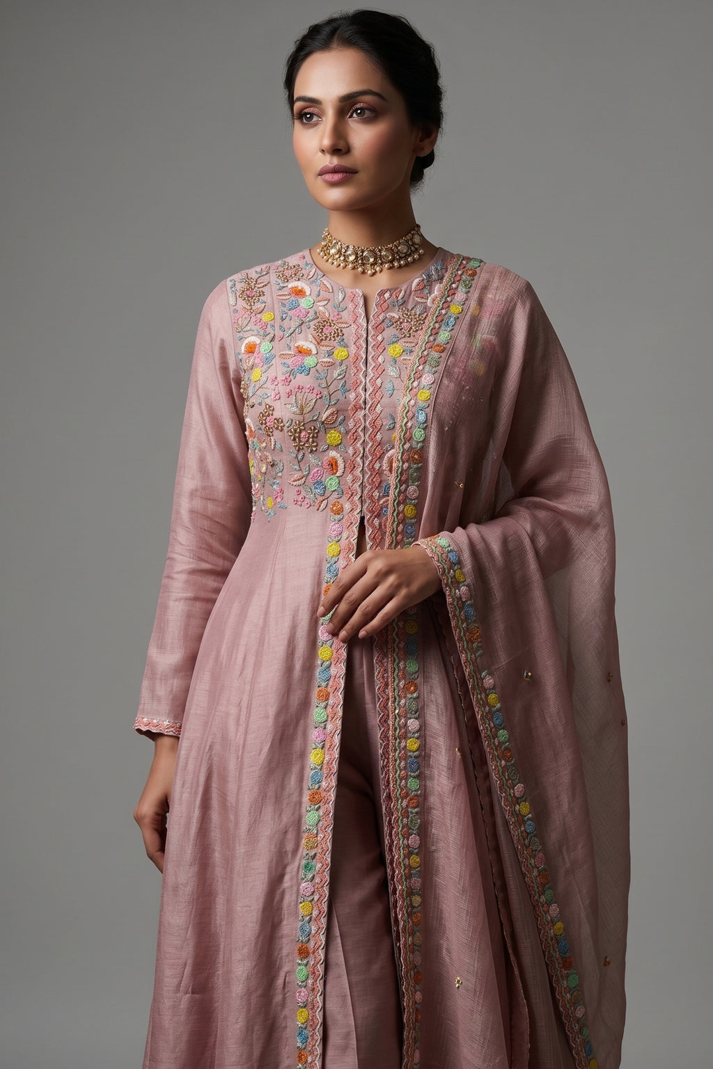 Light Pink Tissue Beaded and Sequin Worked Slit Cut Palazzo Suit