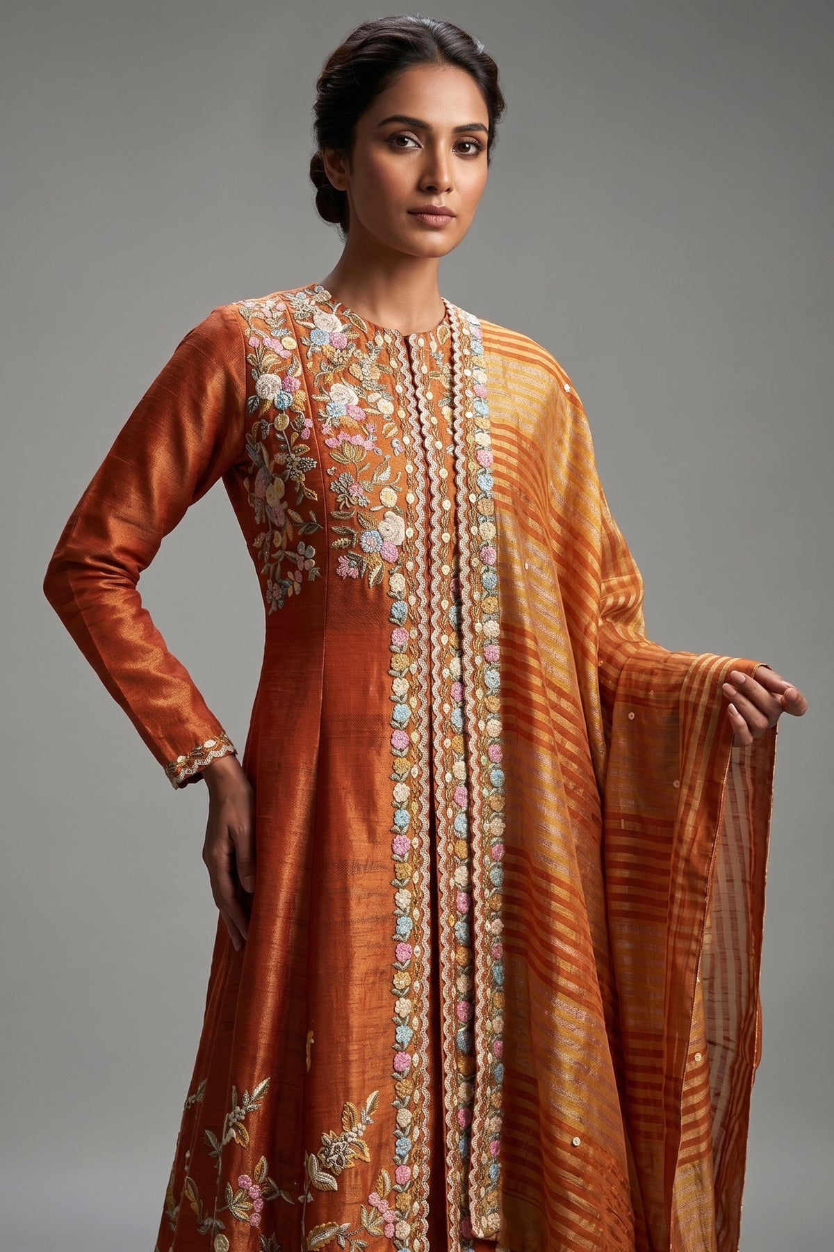 Rust Orange Tissue Beaded and Sequin Worked Slit Cut Palazzo Suit