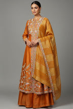Rust Orange Tissue Beaded and Sequin Worked Slit Cut Palazzo Suit