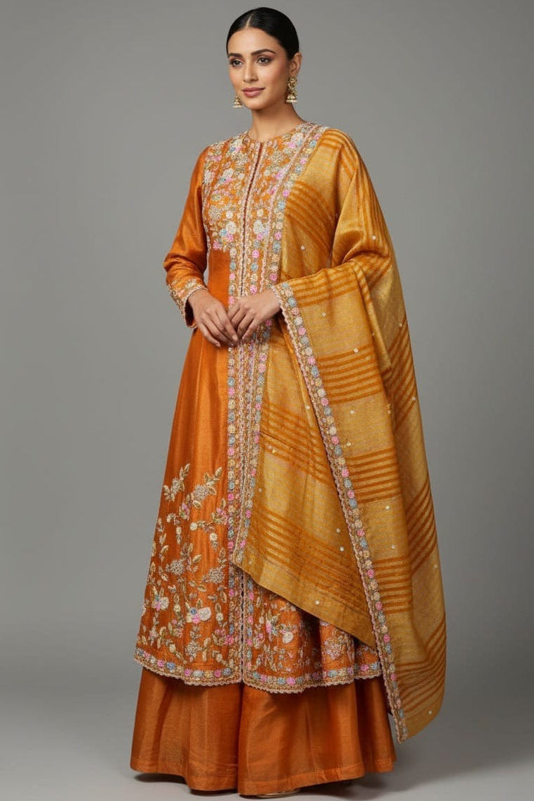 Rust Orange Tissue Beaded and Sequin Worked Slit Cut Palazzo Suit