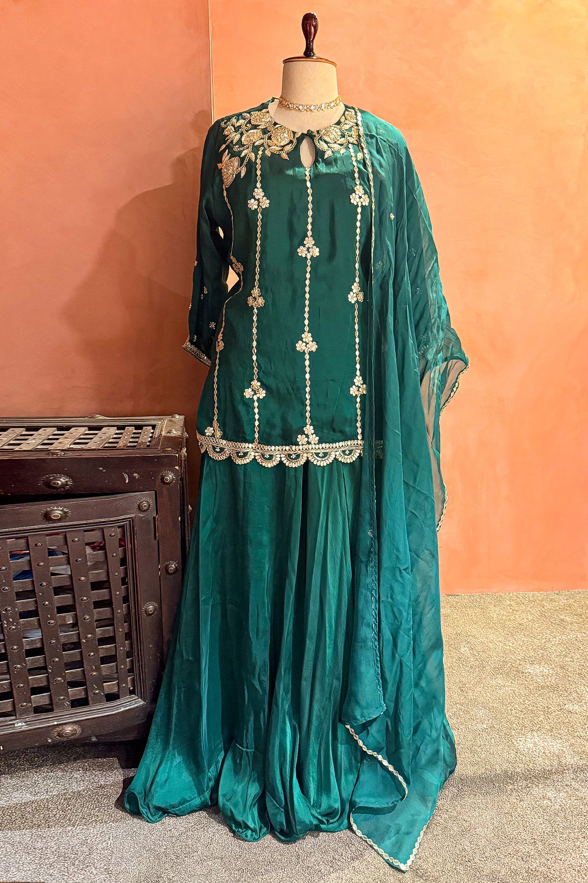 Bottle Green Satin Organza Gota Worked Lehenga Suit