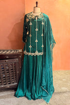 Bottle Green Satin Organza Gota Worked Lehenga Suit