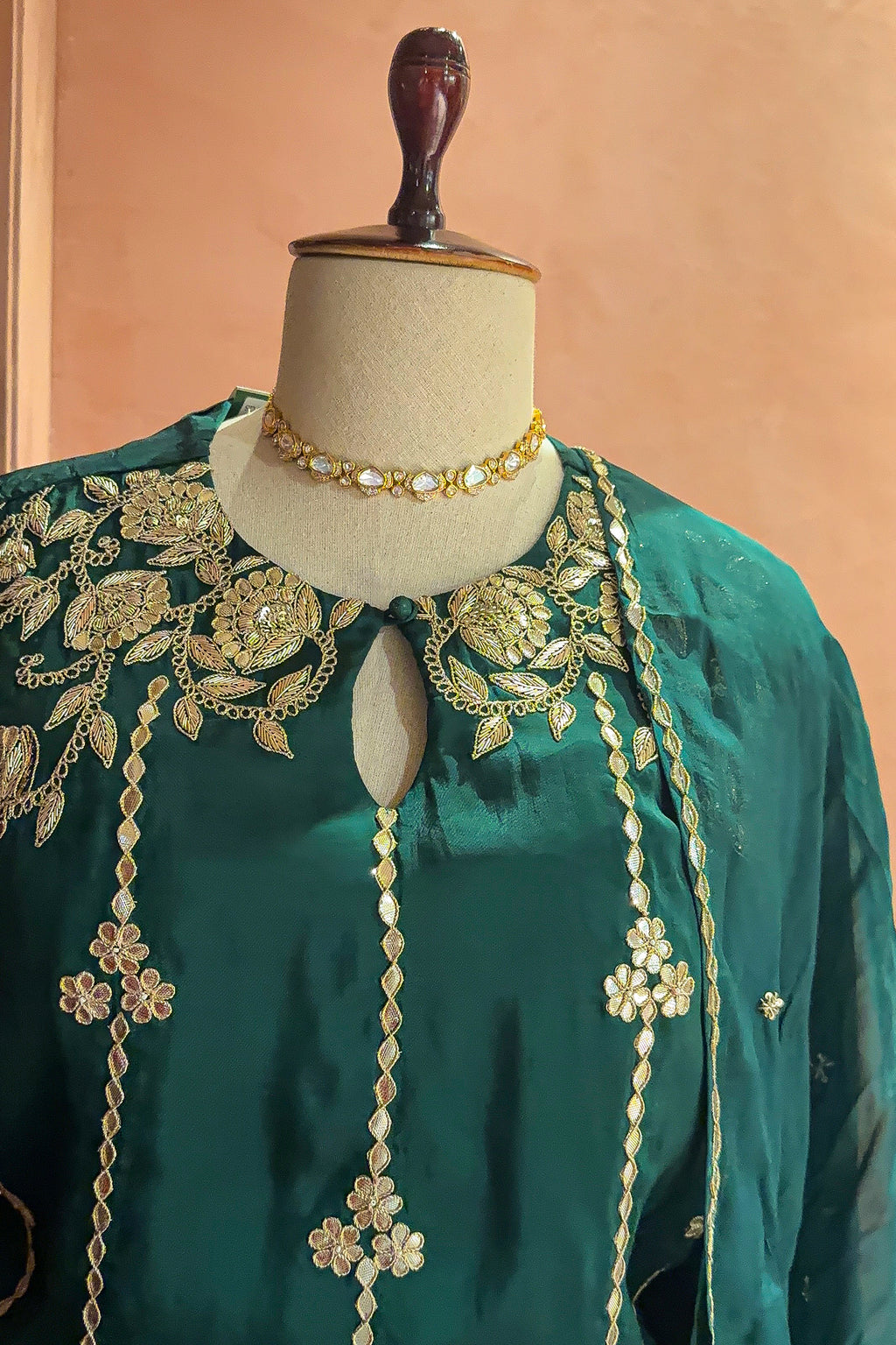 Bottle Green Satin Organza Gota Worked Lehenga Suit