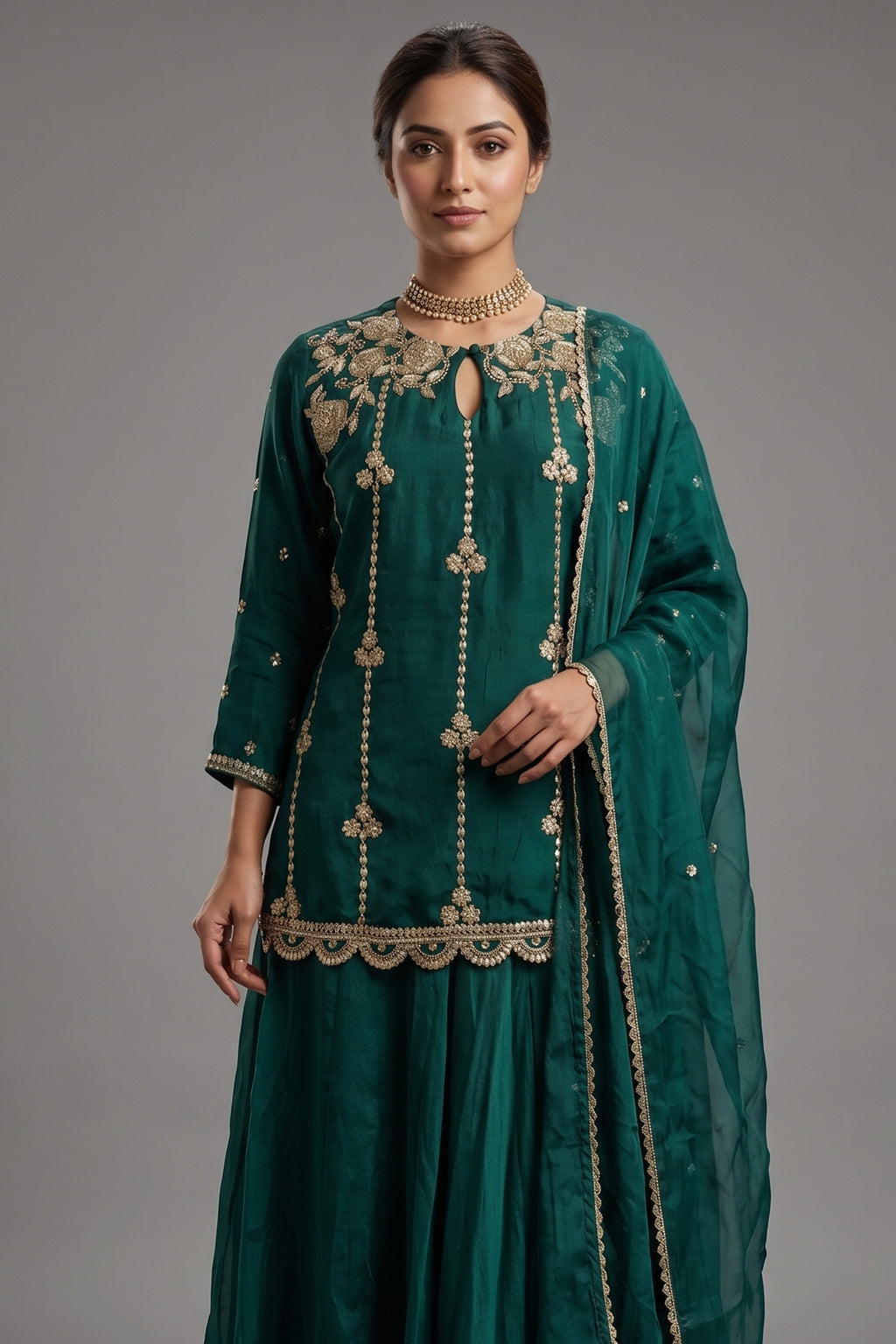 Bottle Green Satin Organza Gota Worked Lehenga Suit