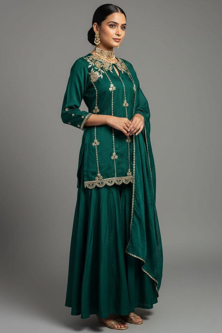 Bottle Green Satin Organza Gota Worked Lehenga Suit