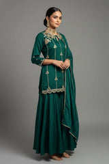 Bottle Green Satin Organza Gota Worked Palazzo Suit