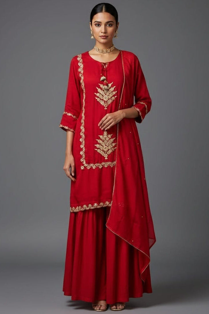 Red Satin Organza Gota Worked Lehenga Suit