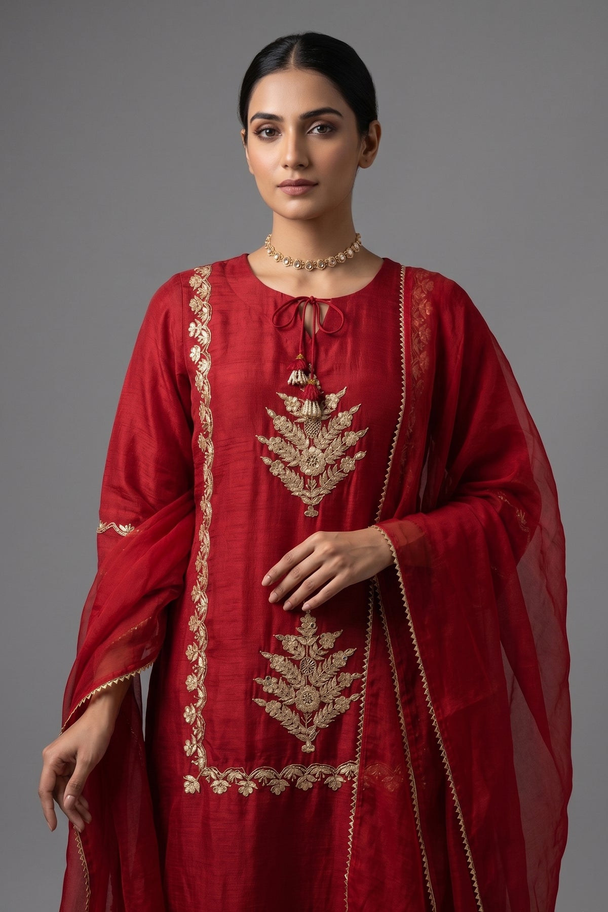 Red Satin Organza Gota Worked Lehenga Suit