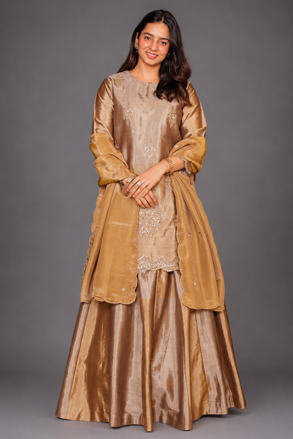 Silver and Golden Tissue Silk Zardosi and Sequin Worked Lehenga Suit