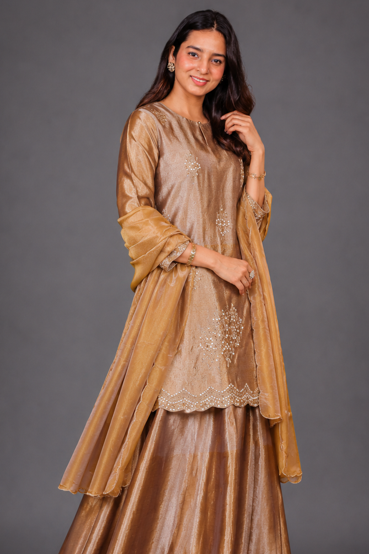 Silver and Golden Tissue Silk Zardosi and Sequin Worked Lehenga Suit