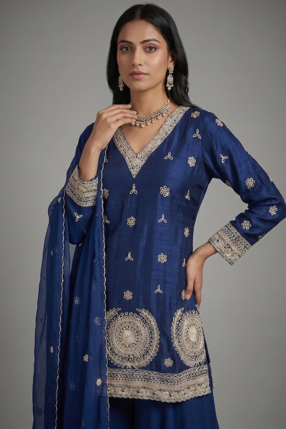 Blue Georgette Sequin Beaded Worked Palazzo Suit