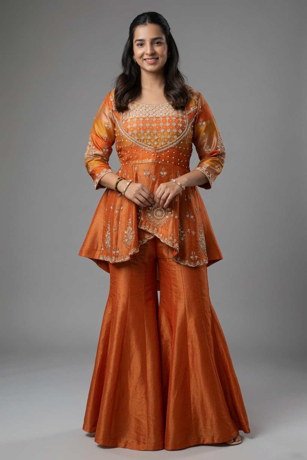 Rust Orange Tissue Indo Western Peplum Sharara Set with Sequin and Beads Work