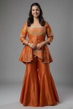 Rust Orange Tissue Indo Western Peplum Sharara Set with Sequin and Beads Work