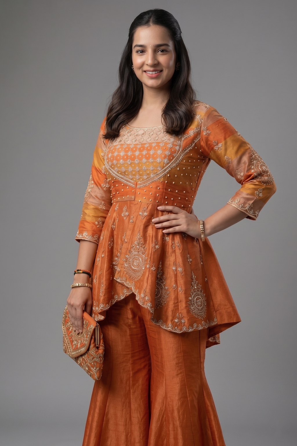 Rust Orange Tissue Indo Western Peplum Sharara Set with Sequin and Beads Work