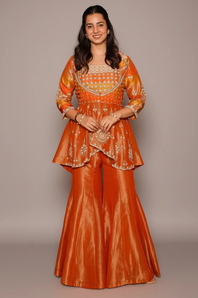 Multitone Blue Indo-Western Peplum Sharara Suit main image 0