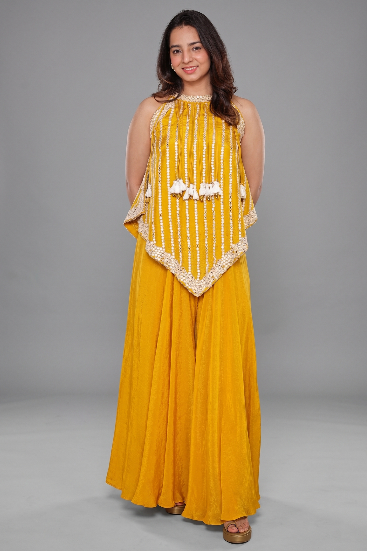 Yellow Tissue Gota and Bead Worked Asymmetric Indo Western Palazzo Set